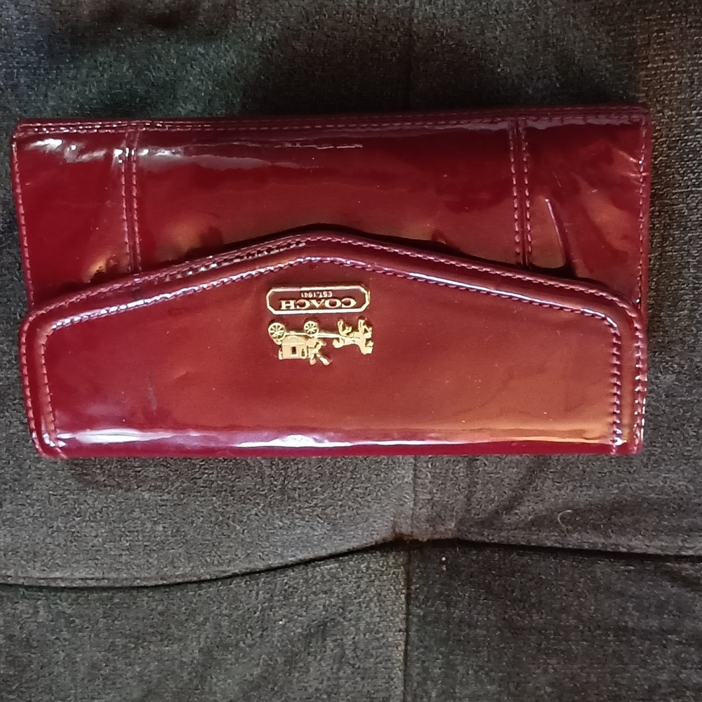 New! COACH Red Patent Leather Wallet with Pink Interior